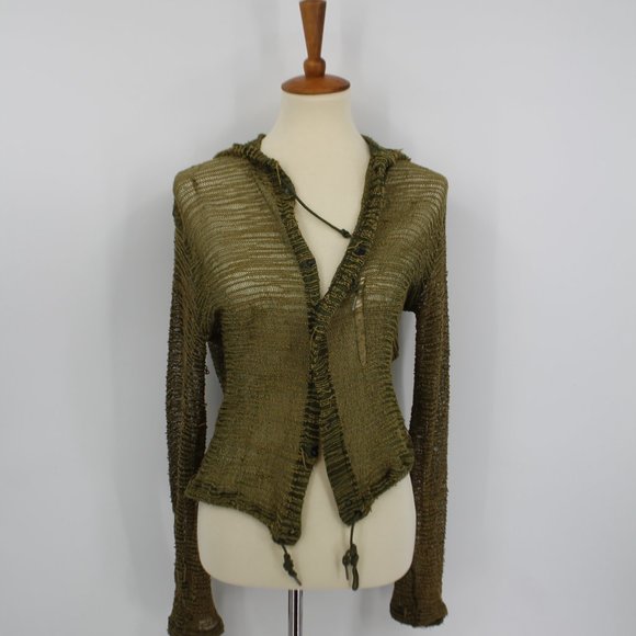 Vintage Army Green Knit Street Wear Snap Hoodie Jacket S - Picture 3 of 8